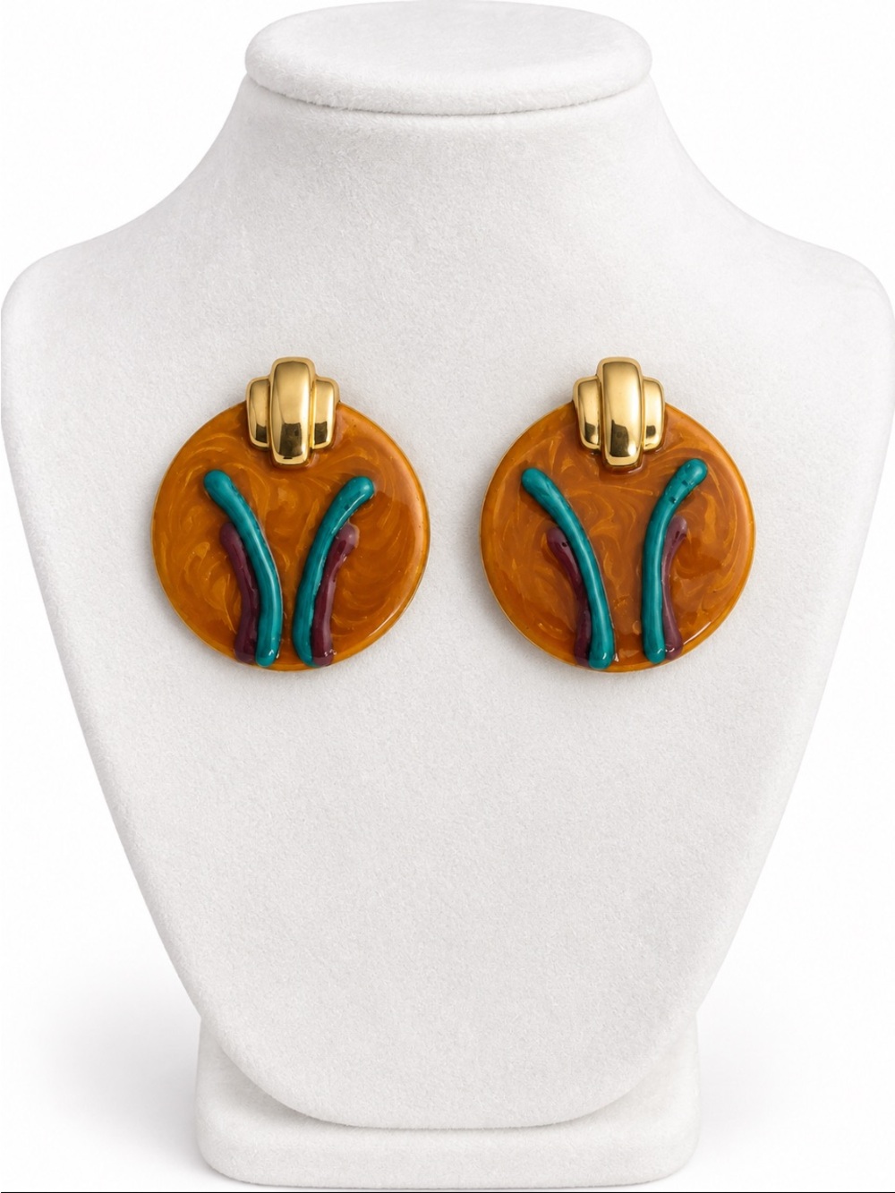 Vintage Style Amber Brown Turquoise & Purple Round Statement Pierced Earrings